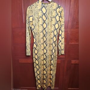 Yellow and Black Snake Pattern Long Sleeved High Neck Bodycon Dress Size Large